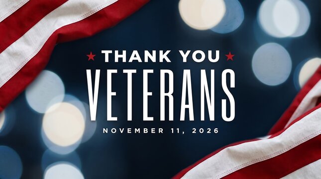 Patriotic Veterans Day greeting card with American flag border on dark blue bokeh background, Thank You Veterans message for November 11 2026 holiday, United States flag fabric texture.