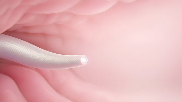 a slim soft silicone robotic probe gliding through a smooth soft-pink tubular intestinal tunnel
