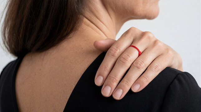 40 year old woman in black dress with red string around finger