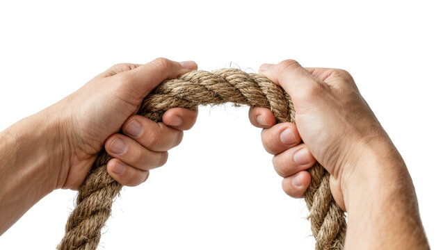 Two hands gripping a thick braided jute rope, isolated on transparent background