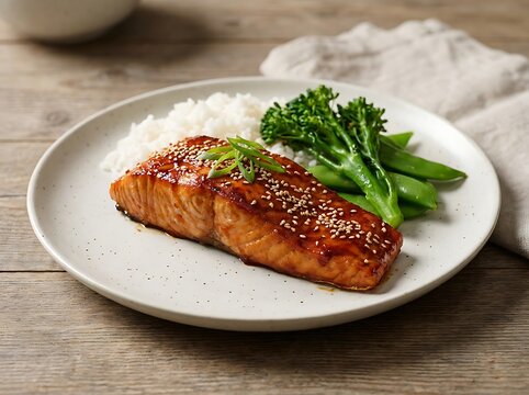 Grilled salmon fillet with sesame seeds and green vegetables served on a round plate for a healthy dinner. Gochujang cooking guide