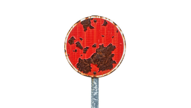 Heavily rusted red circular traffic sign with peeling paint, isolated on transparent background