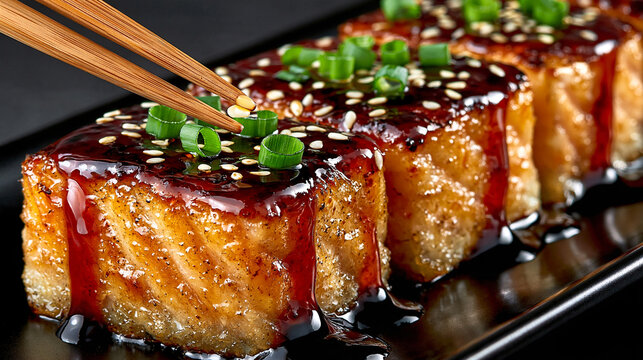 Glazed pork belly cubes garnished with sesame seeds and green onions on a platter