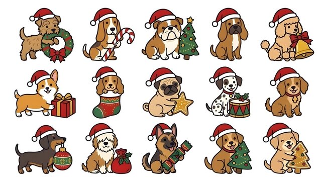 Cute Christmas Dog Clipart Collection, Adorable Puppies in Santa Hats with Christmas Wreaths, Gifts, Stockings, Ornaments and Festive Holiday Accessories