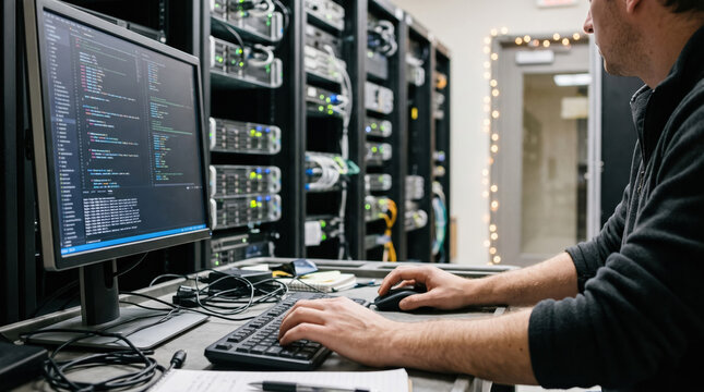 Caucasian male software engineer writing code on computer in datacenter with server racks, representing IT infrastructure and backend development