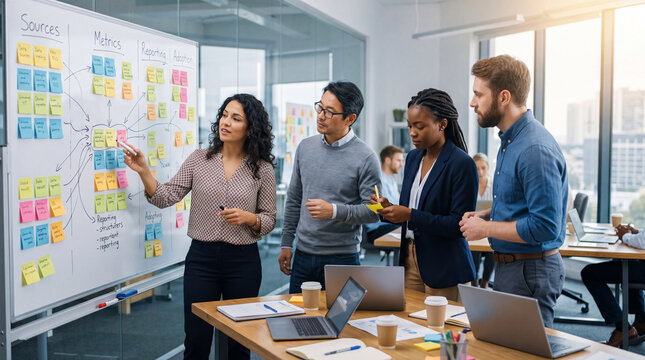 diverse teamwork planning strategy brainstorming and problem solving with colorful sticky papers on whiteboard at modern office