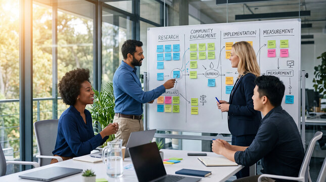Business team work mapping or planning strategy roadmap on large whiteboard at modern office