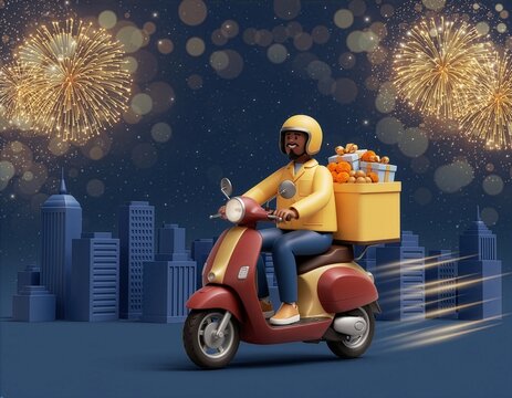 Delivery driver rides scooter with gifts under fireworks