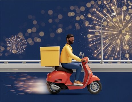 Delivery driver rides scooter with package under fireworks