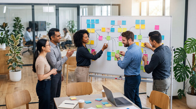 diverse teamwork planning strategy brainstorming and problem solving with colorful sticky papers on whiteboard at modern office