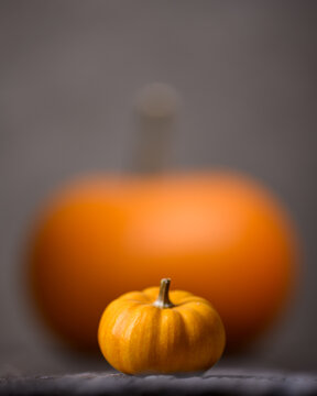 Large and small orange pumpkins on an old rusty wooden table close up. Thanksgiving or Halloween concept. Autumn, fall and pumpkin
