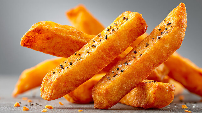 Crispy seasoned potato wedges stacked on a rustic grey surface with french fries