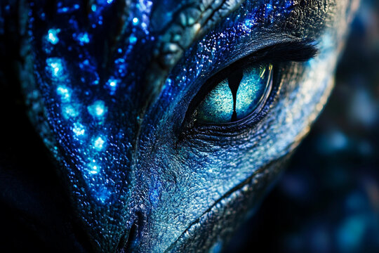 Generative AI portrait of glowing blue alien humanoid with textured skin and cosmic eyes in a futuristic sci fi atmosphere
