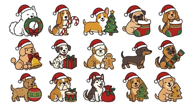 Cute Christmas Dog Clipart Bundle, Adorable Puppies Wearing Santa Hats with Christmas Stockings, Wreaths, Gifts, Bells and Festive Trees
