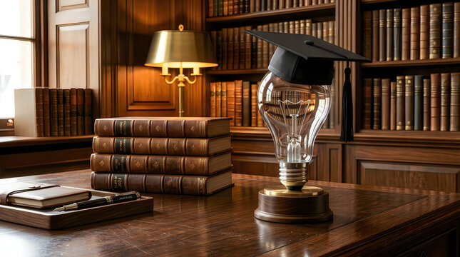 Light bulb with graduation cap on a wooden desk with books in a library office