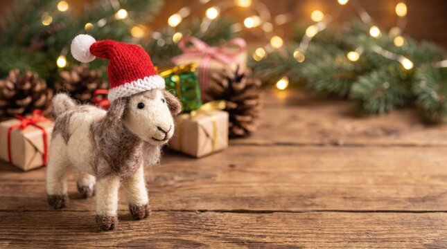 A wool felted goat wearing a red Santa Claus hat stands on a rough wooden table amidst Christmas gifts, pine cones, evergreen branches, and glowing string lights in a cozy, festive setting.