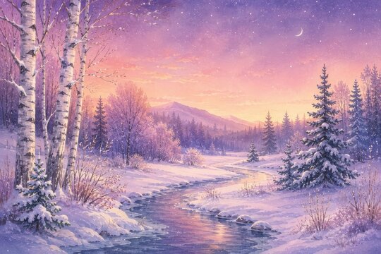 Dreamy winter birch forest beside a snowy mountain stream