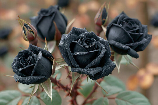 A lush bush of deep dark roses blooming in a garden with dew drops black rose water