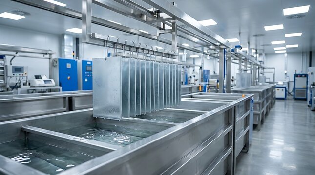 Industrial metal parts undergoing electrochemical treatment in large production line with liquid solutions and machinery.