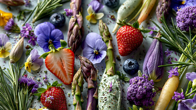Fresh strawberries and asparagus stalks arranged with edible pansy flowers and rosemary