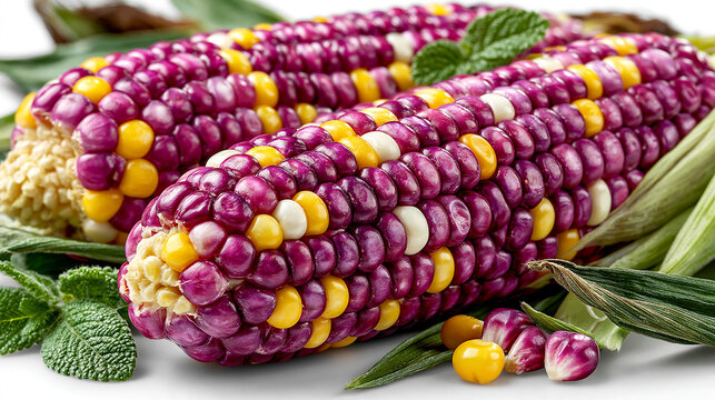 Fresh harvested organic maize cobs with purple and yellow kernels on wooden background