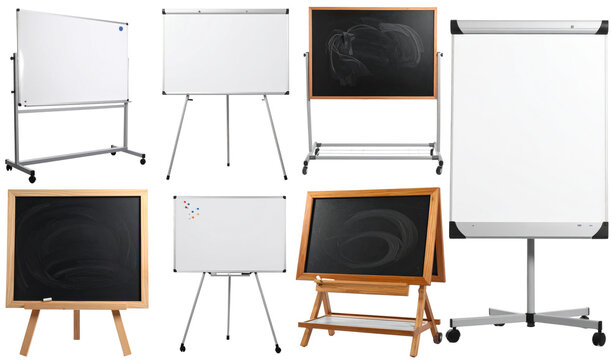 Collection of various whiteboards and chalkboards for presentations