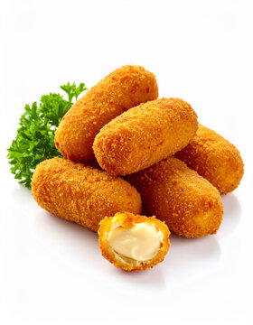Croquettes with creamy filling and parsley on white background
