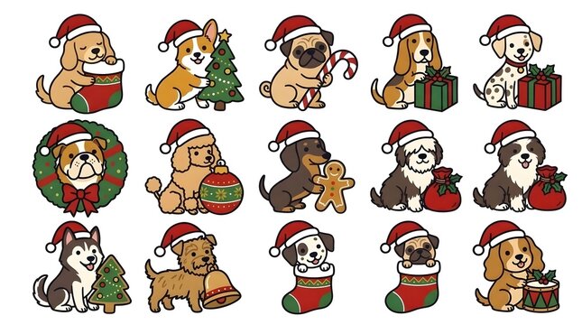 Cute Christmas Dog Clipart Bundle, Adorable Puppies in Santa Hats with Festive Stockings, Christmas Trees, Gifts, Wreaths and Bells