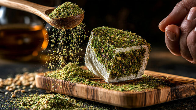 Sprinkling dry green herbs onto a piece of soft cheese on a wooden board with spoon