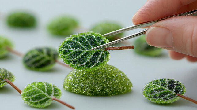 Person using tweezers to place a sugary green leaf garnish onto a dessert with food decorati