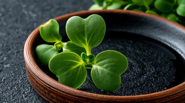 Small green radish sprouts inside a rustic dark ceramic bowl with leaves