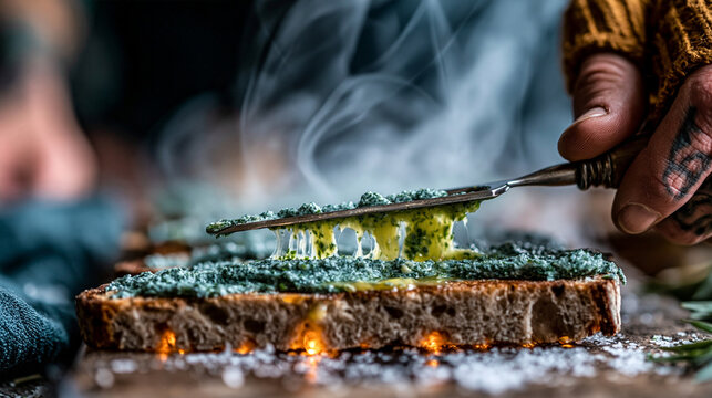 Fresh toasted bread spread with herb pesto and steaming on wooden surface