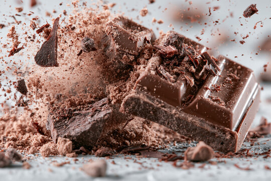 Chocolate pieces shattering into fine shavings on a gray surface with dark