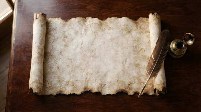 Old vintage paper scroll with a feather quill pen on a dark wooden desk