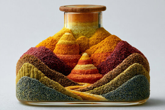 Decorative glass bottle filled with colorful layered sand creating a mountain landscape