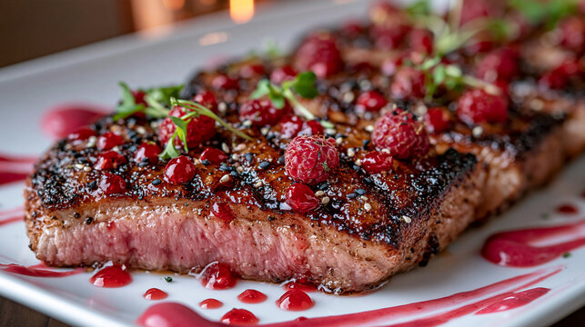 Grilled beef steak garnished with fresh raspberries and berry sauce on a white plate