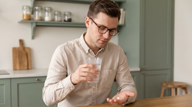 Man preparing to take pill with water in kitchen while holding tablet carefully, showing focused expression and everyday medication routine during home healthcare