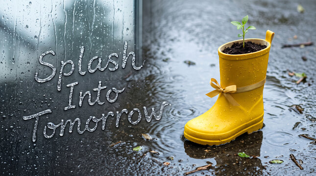 A small green seedling growing out of a yellow rain boot in a rainy puddle with seedling sprouts soil sitting rainy outdoor inside yellow rubber environment agriculture cultivation