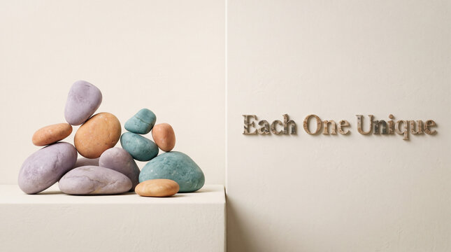 A stack of smooth colorful pebbles arranged on a minimalist podium with text on wall with collection smooth multicolored stones stacked white podium against plain wall text presentation
