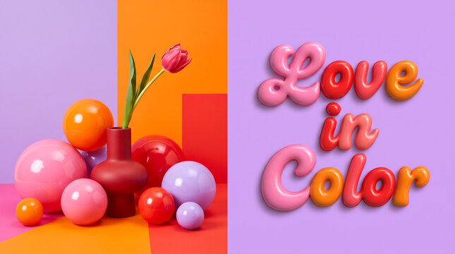 A single red tulip in a vase surrounded by colorful spheres on a geometric background with spheres against multi tulip stands ceramic multi colored wall surrounded glossy composition