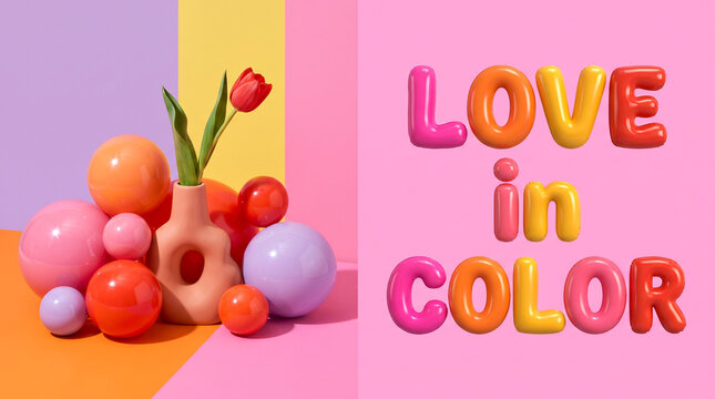 A single red tulip in a modern ceramic vase surrounded by colorful spheres with text with against vibrant backdrop colored glossy spheres stands tan ceramic next multi colored