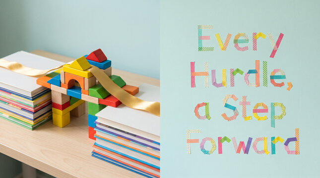 A colorful wooden block bridge constructed between two stacks of books with motivational text nearby with spelled out patterned wooden blocks spans patterned tape wall made colorful