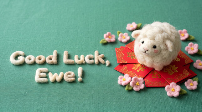 A felted wool lamb sitting on red envelopes with flowers and text on green fabric with envelopes decorated pink textured green surface sheep figurine rests handmade felted needlefelted