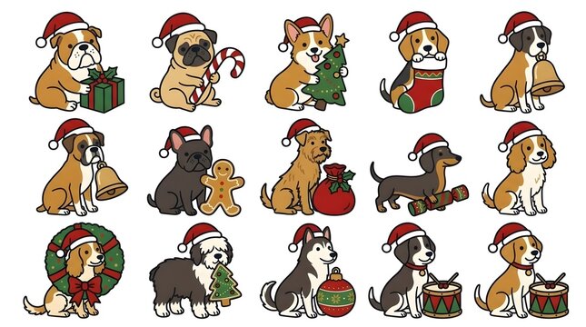 Cute Christmas Dog Clipart Bundle, Adorable Puppies in Santa Hats with Christmas Gifts, Candy Canes, Stockings, Bells, Wreaths and Trees