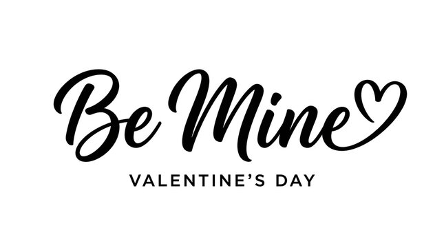 Elegant black handwritten calligraphy script text reading be mine with a small heart icon for romantic valentine day holiday greeting cards