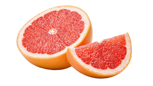 Half and slice of juicy pink grapefruit, isolated on transparent background