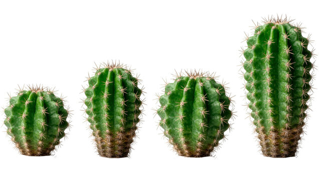 Four green cacti of varying sizes, isolated on transparent background