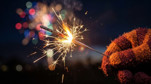 Sparkler firework held by person wearing colorful knitted glove against dark night background.
