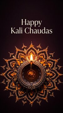 Happy kali chaudas vertical poster with ornate mandala diya design and marigold decoration.