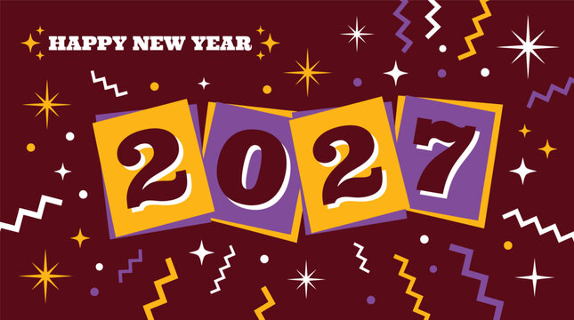 New Year 2027 festive celebration card template showcasing bold 2027 numbers on tilted colored squares accompanied by sparkling stars and zigzag confetti Background Vector